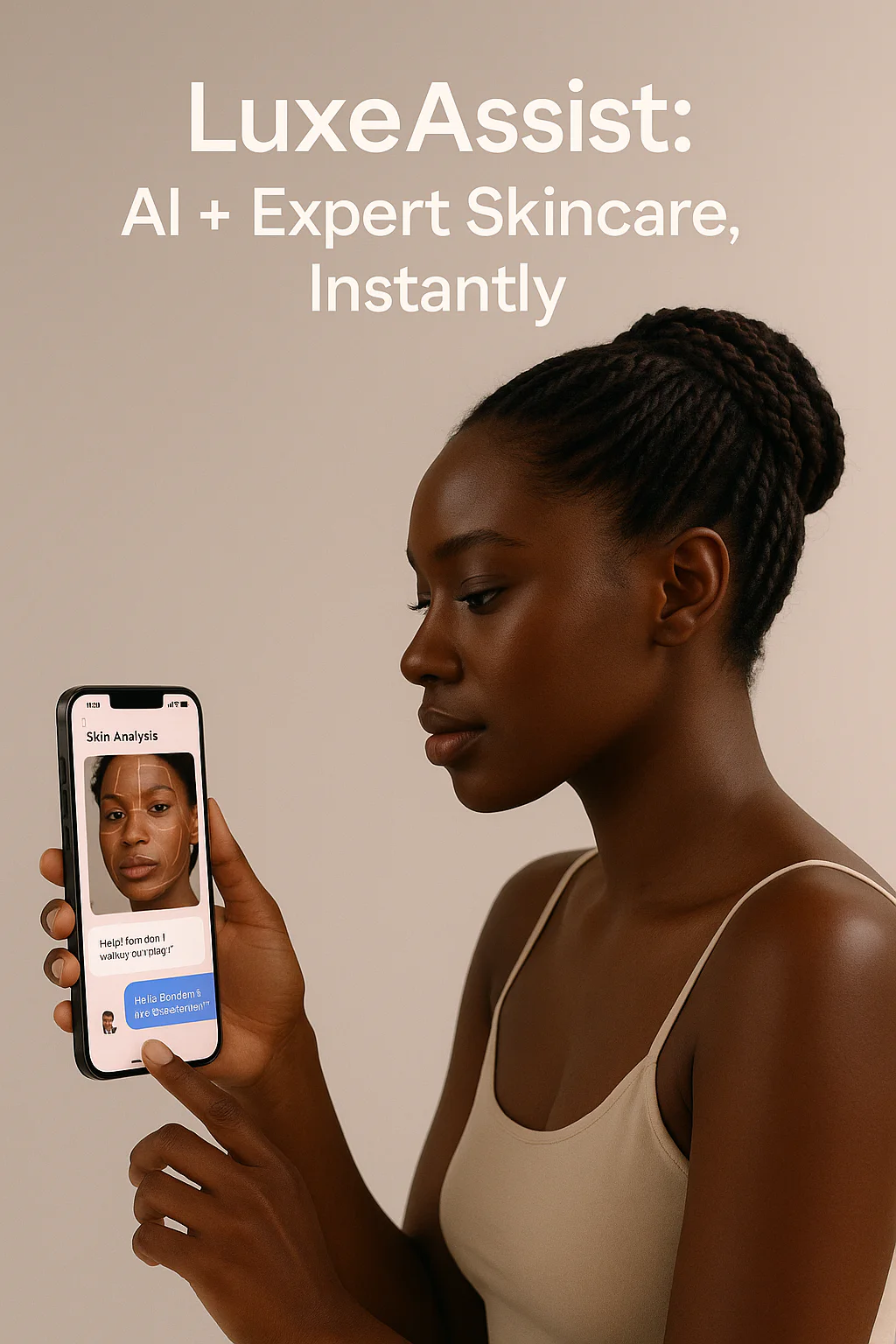 African woman receiving personalized skincare advice through LuxeAssist AI chat interface